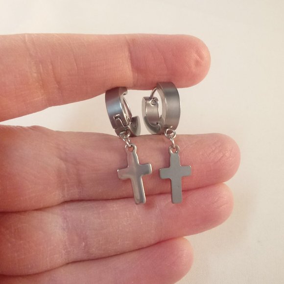 Mens Silver Stainless Steel Cross Hoop Huggie Dangle Earrings 14mm Party Gift - Picture 3 of 4